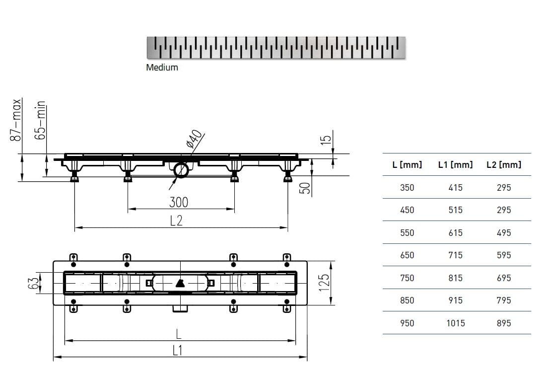  CHUDĚJ Kúpeľňový žľab plastový, dĺžka 850 mm, s bočným odtokom D40, nerezová mriežka MEDIUM lesklá MCH-ZLAB 850mm / MEDIUM LESKLY