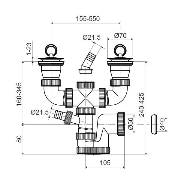  SLOVARM Drezový sifón T-737 DN50/DN40 pre dvojdrez, nerezové mriežky priemer 70 mm, s prípojkou T-737 DN50/DN40 DREZOVY SIFON