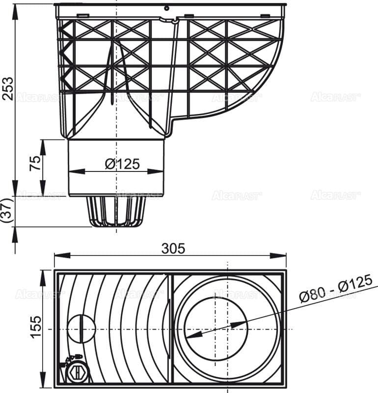  Alca Univerzálny lapač strešných splavenín AGV2, 300×155/125 mm priamy, čierna AL-LAPAC DN125/300x155 spodny čierny