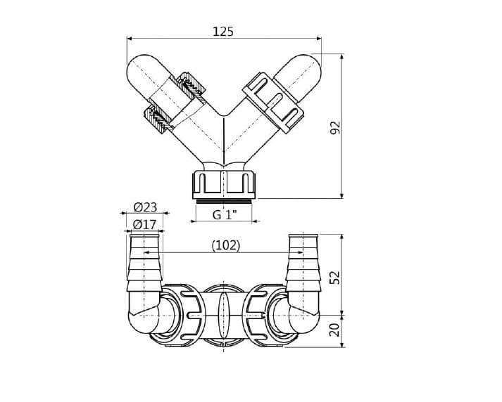  Alca Dvojitá hadicová prípojka P148 G1", pre hadice 17–23 mm, AL-KOLIENKO DVOJITE 1"/23-17 bez klapky