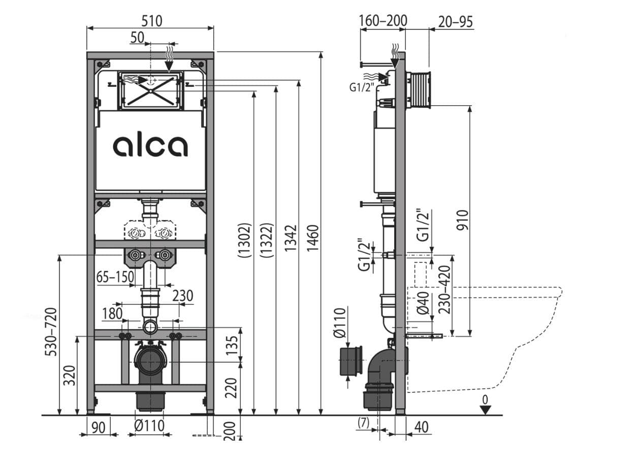  Alca Inštalačný prvok pre výlevku s odpadom DN90/110 a batériu A108F/1500, stavebná výška 1460 AL-INSTAL.VYLEVKA ZAVES len MODUL+vyvod na bat.