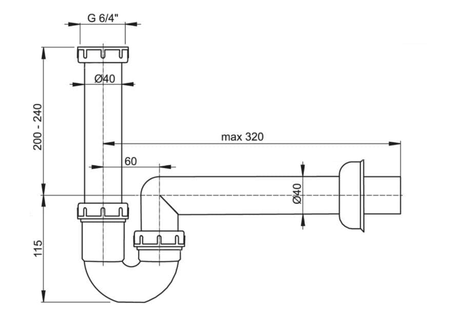  Alca Drezový sifón A80-DN40 polsifón trubkový s prevlečnou maticou 6/4" AL-POLSIFON DREZ DN40 6/4 matica