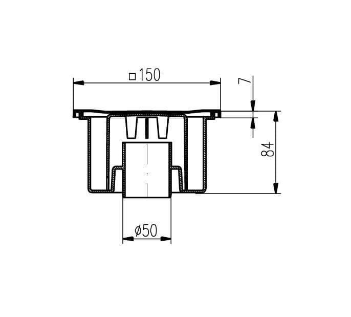  CHUDĚJ 321P - DN 50/84 P - Podlahová vpust spodná DN 50/84, 150x150 mm, plastová, zaťaženie K3 - 300 kg MCH 321P PODL.VPUST SPODNA DN50/84 Plast 150x150