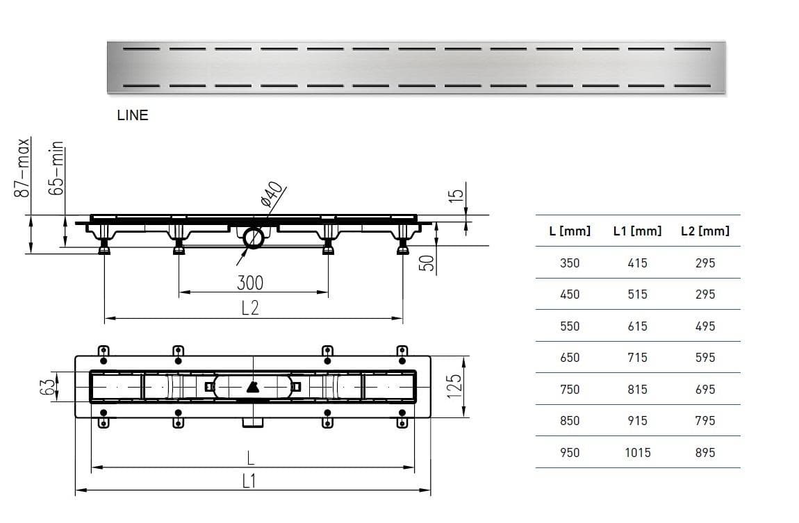  CHUDĚJ Kúpeľňový žľab plastový, dĺžka 350 mm, s bočným odtokom D40, nerezová mriežka LINE lesklá MCH-ZLAB 350mm /LINE LESK