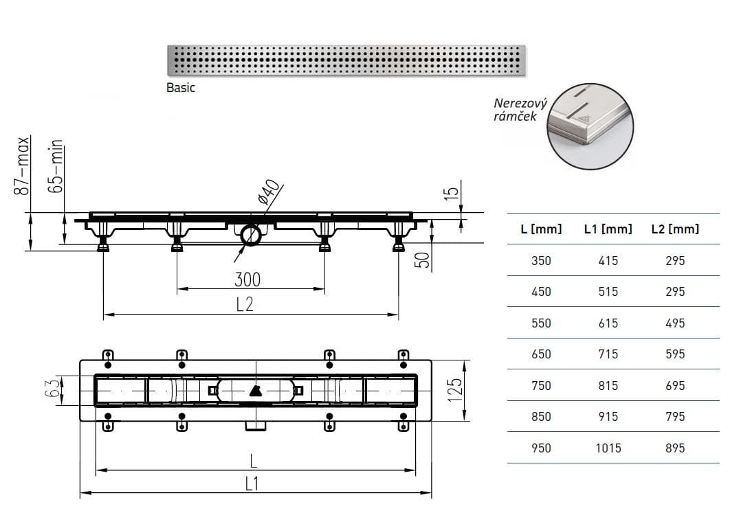  CHUDĚJ Kúpeľňový žľab plastový, nerez rámček, dĺžka 350 mm, bočný odtok D40, nerez mriežka BASIC matná MCH-ZLAB NEREZ ram. 350mm /BASIC MATNY AkciaD