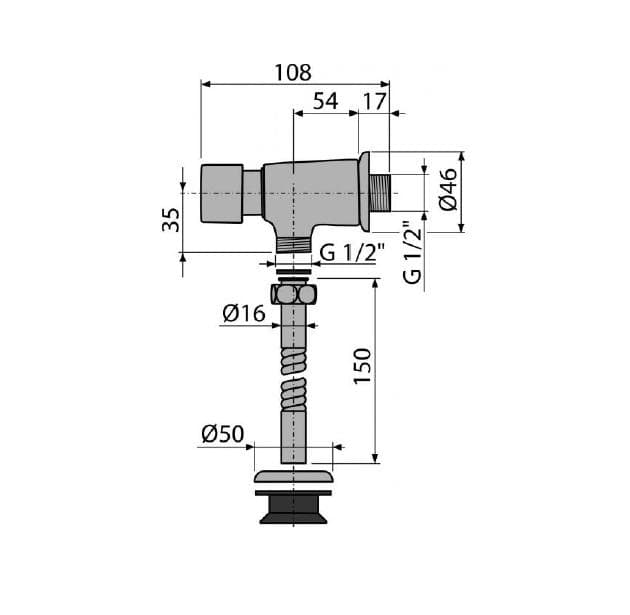  Alca Pisoárový ventil tlačný nadomietkový 1/2" x 1/2" komplet Splachovač pisoárov ATS001 tlakový AL-PISOAROVY TLAK. SPLACH.1/2"