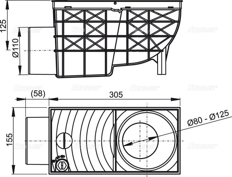  Alca Univerzálny lapač strešných splavenín AGV3, 300×155/110 mm bočná, čierna AL-LAPAC DN110/300x155 BOČNÝ čierny