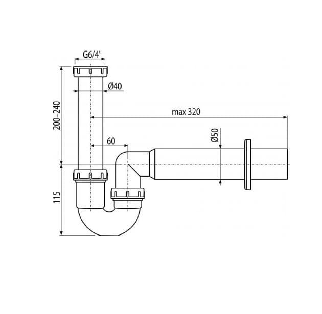  Alca Drezový sifón A80-DN50 polsifón trubkový s prevlečnou maticou 6/4" AL-POLSIFON DREZ DN50 6/4 matica