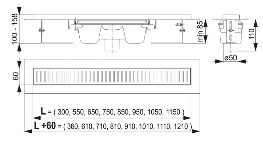  Alca APZ1001-750 Podlahový žľab s okrajom pre perforovaný rošt, zvislý odtok, dĺžka 750 mm AL-ZLAB NEREZ APZ1001-750mm spodny odtok