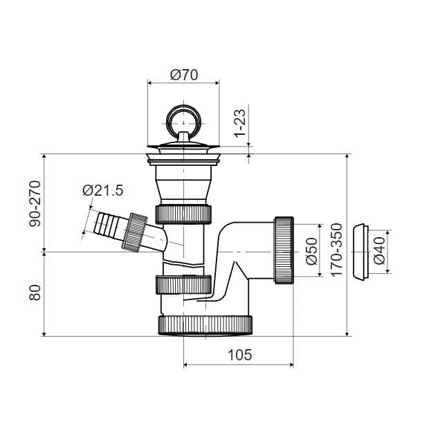  SLOVARM Drezový sifón T-735 DN50/DN40, nerezová mriežka priemer 70 mm, s prípojkou T-735 DN50/DN40 DREZOVY SIFON