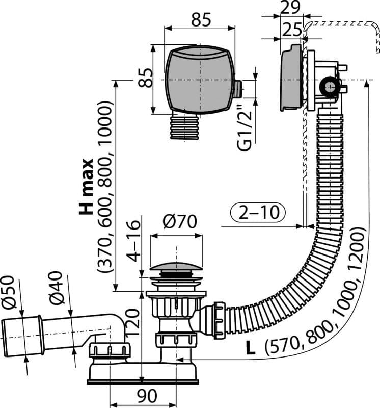  Alca Vaňový sifón A508CKM-80, CLICK/CLACK, napúšťanie cez prepad, chróm, dĺžka 80 cm AL-SIFON VANOVY AUT.nap.cez prepad-80cm !!!