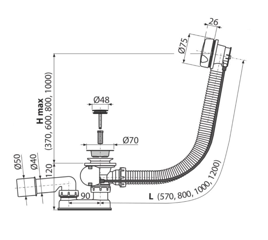  Alca Vaňový sifón A51B-120, automat komplet, biela, dĺžka 120 cm AL-SIFON VANOVY AUTOM.BIELY mala 120!!!!!