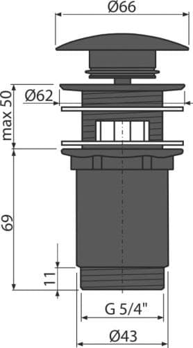  Alca Výpusť umývadlová A392BLACK, CLICK/CLACK 5/4" celokovová s prepadom, veľká zátka čierna AL-PILETA UMY.5/4" CLICK VELKA CIERN