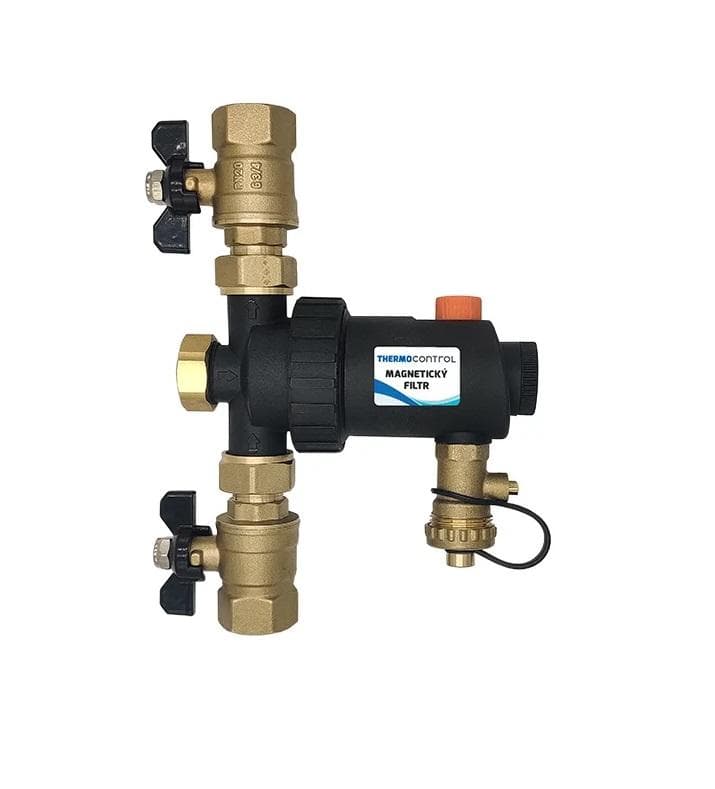 Filter magnetický MINI čierny 3/4" UNIVERZAL(rohový/priamy)+ 2 guľové ventily motýľ FF, 300micr.nerez sitko, kúrenársky pre UK (nahrádzaTCMF02mini)
