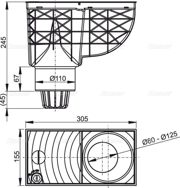  Alca Lapač strešných splavenín UNI 300×155/110 mm priamy, šedý, AGV1S AL-LAPAC DN110 /300x155  spodny SEDY