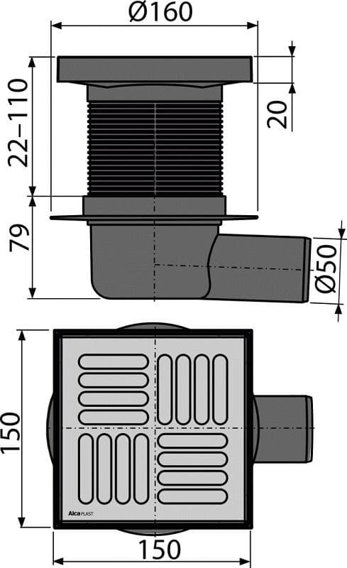  Alca APV5411 podlahová vpust 150x150/50 mm bočná, mriežka nerez, vodná zápachová uzávera AL-VPUST 150X150/50 bocna  nerez mriežka