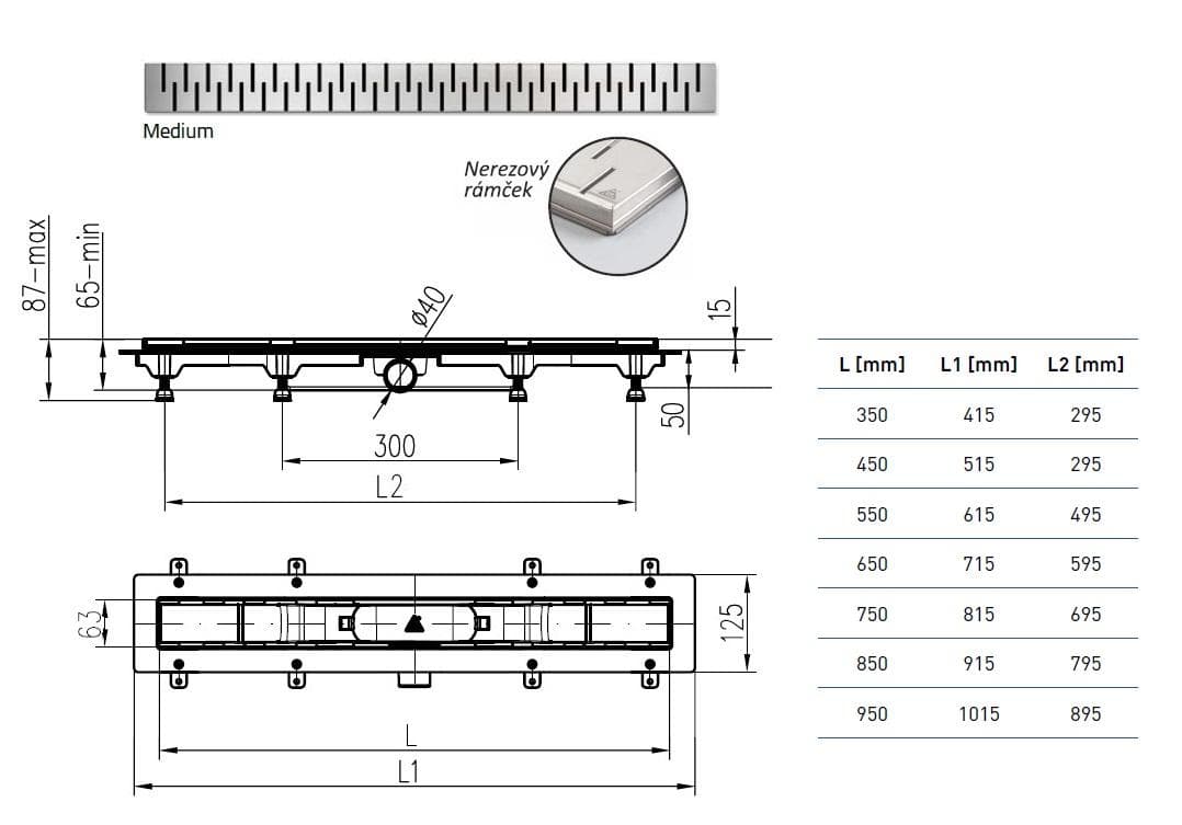  CHUDĚJ Kúpeľňový žľab plastový, nerez rámček, dĺžka 650 mm, bočný odtok D40, nerez mriežka MEDIUM lesklá MCH-ZLAB NEREZ ram. 650mm / MEDIUM LESKLY