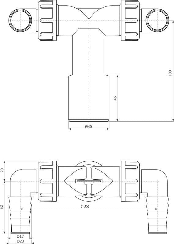  Alca Dvojitá hadicová prípojka P155Z DN40/32, pre hadice 17–23 mm, so spätnými klapkami AL-KOLENO DVOJITE G1"/17-23mm x DN40 s klapkami