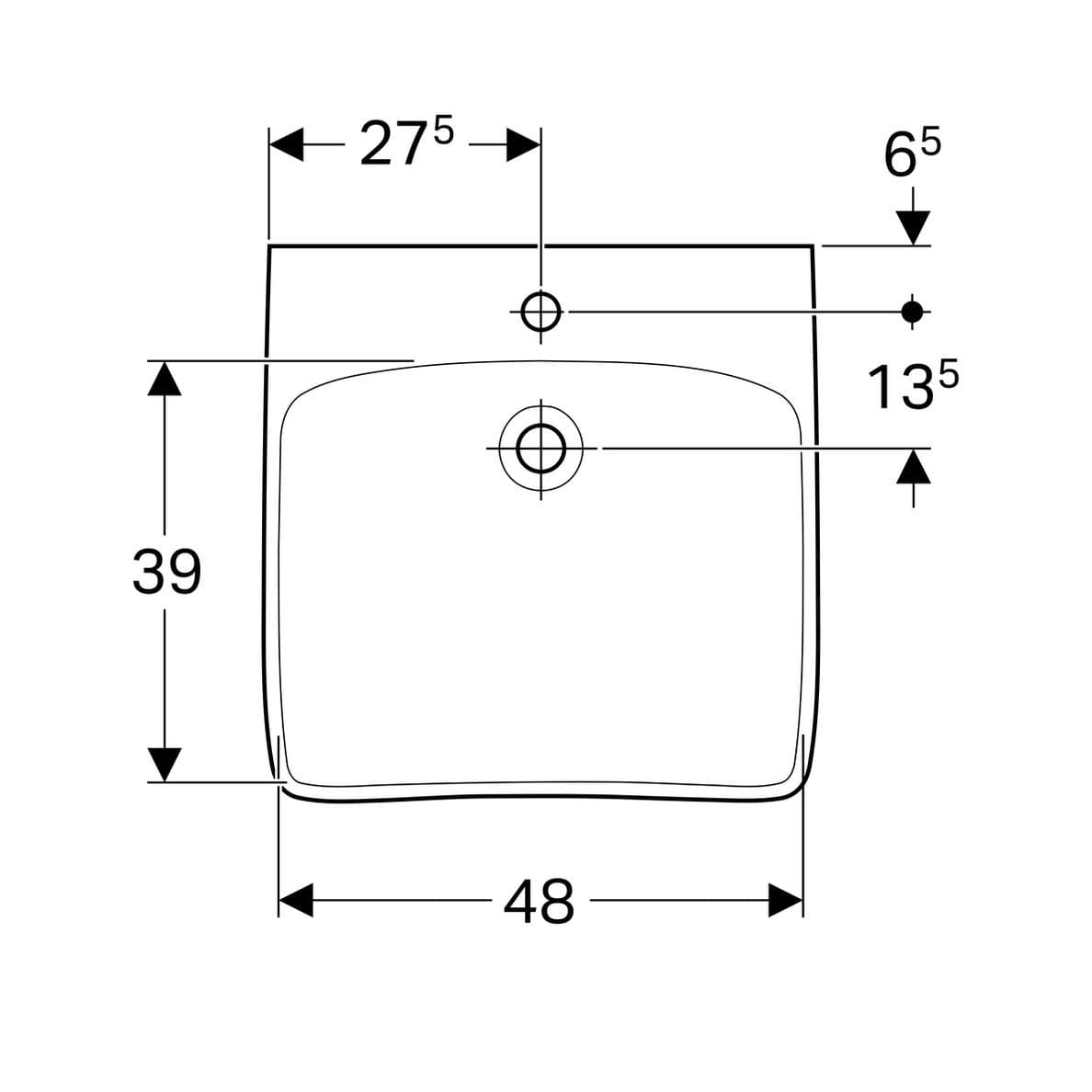  Geberit Bezbariérové umývadlo Geberit Selnova Comfort: B = 55 cm, s otvorom pre batériu, bez prepadu G Selnova Comfort bezbariérové umývadlo 55 cm, s otvorom, bez prepadu