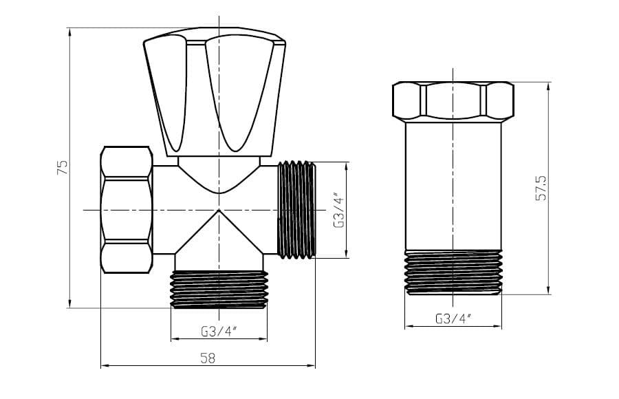  SAMTEK SA39B medziventil pre pračku 3/4"x3/4"x3/4" SAMTEK s prevlečnou maticou a medzikusom SA-39B MEDZIVENTIL NA PRACKU S MEDZI