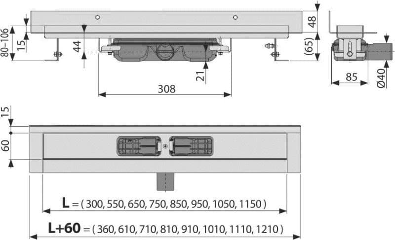  Alca APZ116-300 WALL LOW Podlahový žľab s okrajom pre plný rošt, ku stene, dĺžka 300 mm AL-ZLAB NEREZ ku stene znizeny DN40 300mm