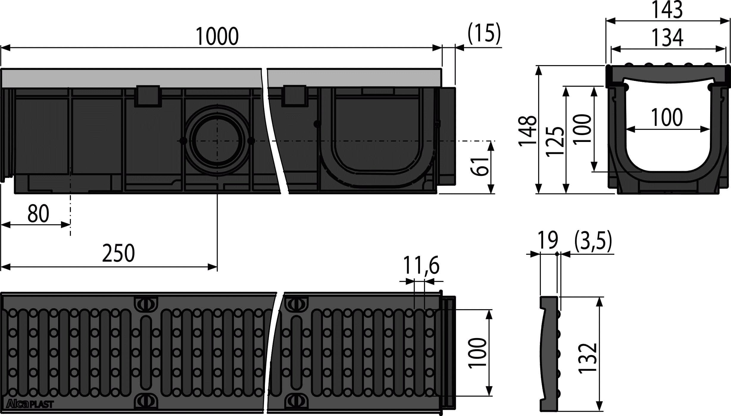  Alca AVZ103-R201 Vonkajší žľab 100 mm s kovovým rámom a liatinovým roštom D400 AL-VONK.ZLAB 1m s ROSTOM 40t RAM+MRIEZKA liatina