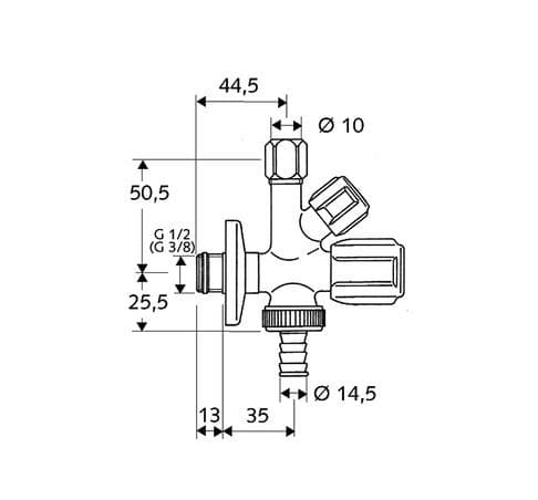  SCHELL Rohový ventil kombinovaný 1/2"x3/*8"x3/4" SCHELL pre pračku a WC SCHELL ROHOVÝ VENTIL KOMBI 1/2"x3/8"x3/4"