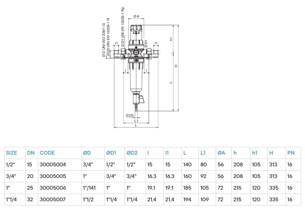  RUBINETTERIE BRESCIANE RB Regulátor tlaku 300050, 1,5-6 bar, s preplachovacím filtrom, DN32 - 5/4", 3005007 RB regulator tlaku DN32; 1,5-6 bar, s preplach.filtrom, PN16