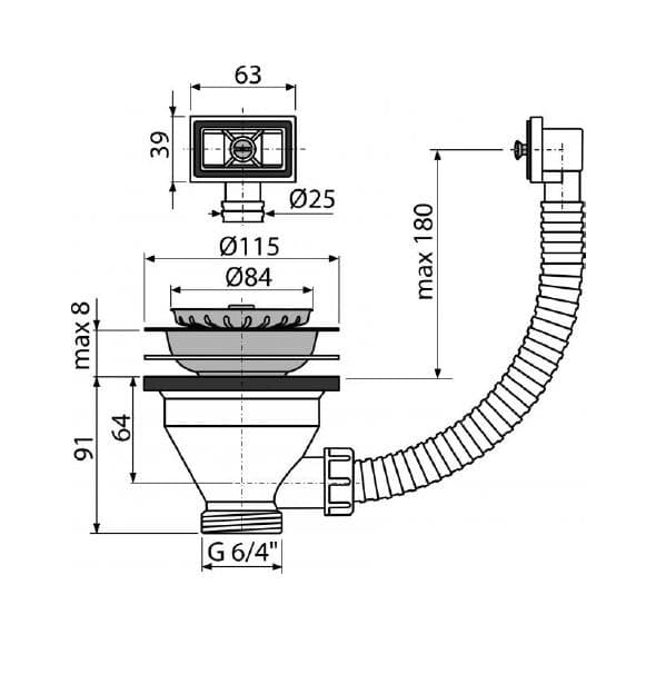  Alca Výpusť drezová A38, 6/4" s nerezovou mriežkou DN115 a flexi prepadom AL-PILETA DREZ.6/4" NEREZ EURO+prepa