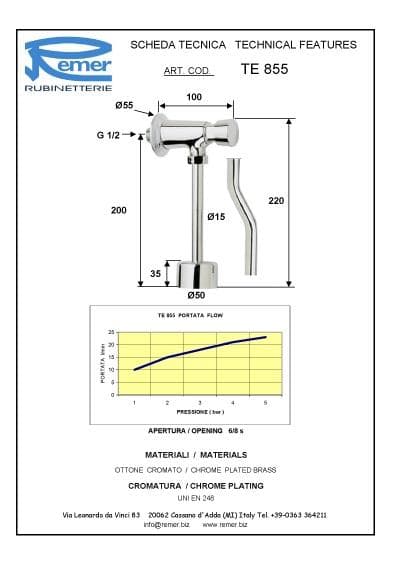  REMER Pisoárový ventil tlačný nadomietkový 1/2" x 1/2" komplet REMER, séria Tempor TE855 (náhrada ATS001) REMER PISOAR.VENTIL nadomiet.+trubka ( nahrada ATS001)