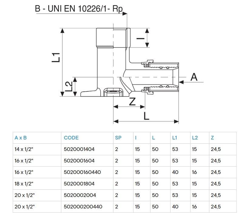  RUBINETTERIE BRESCIANE RB Koleno nástenné lisovacie (nástenka) nízka 20x1/2" (výška 40 mm), 502000200440 RB-NASTENKA 20*1/2"  NIZKA