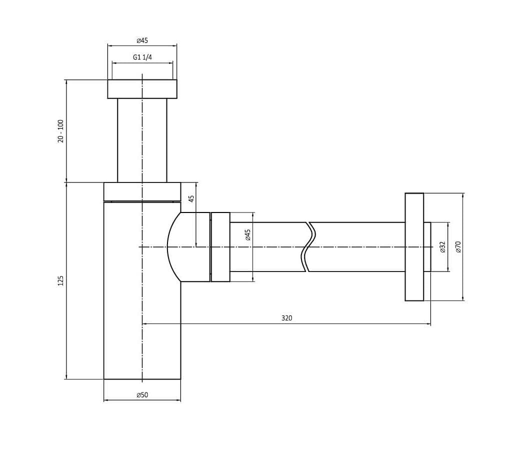  SAMTEK Umývadlový sifón  T008, polsifón LUX s prevlečnou maticou 5/4". mosadz/chróm POLSIFON UMYVADLOVY 5/4 CHROM LUX