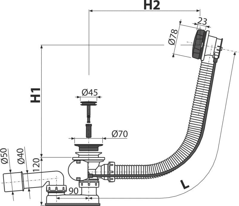  Alca Vaňový sifón A55BLACK, automat komplet, čierna-mat, dĺžka 57 cm AL-SIFON VANOVY AUT.KOV mala CIERNY