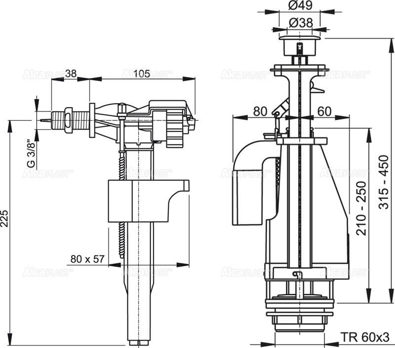  Alca Splachovacia súprava s dvojtlačidlom AL-SADA Vypustanie A08A+A15 3/8" + sroby