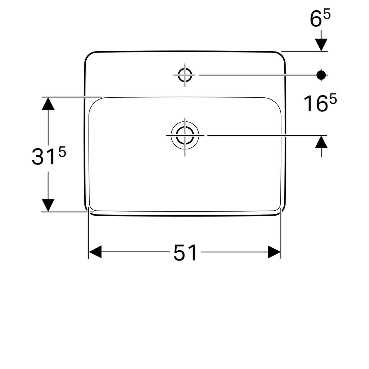  Geberit Zápustné umývadlo 55 x 45 cm pravouhlé, s otvorom pre batériu, bez prepadu, Geberit VariForm G VariForm umývadlo zápustné, pravouhlé, 55 cm,  s otvorom pre batériu, bez prepadu