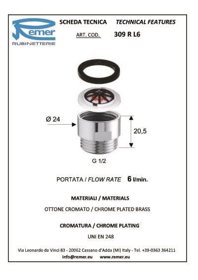  REMER Obmedzovač prietoku vody, mosadzný, chrómovaný (šetrič vody do sprchy) 6 l/min REMER. 309RL6 REMER OBMEDZOVAC PRIETOKU DO 6L/min