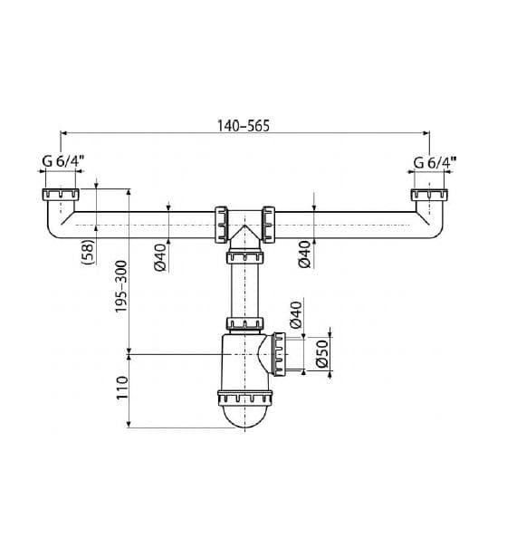  Alca Drezový sifón A448-DN50/40 polsifón pre dvojdrez s prevlečnými maticami 6/4" AL-POLSIFON DREZ 2x6/4" DN40/50
