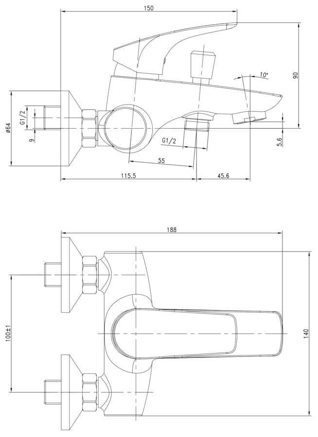  SAMTEK ASE.2115.100 EVE vaňová batéria páková SAMTEK, na stenu 100 mm do kúpeľne (bez príslušenstva) EVE-VANOVA BATERIA-100mm