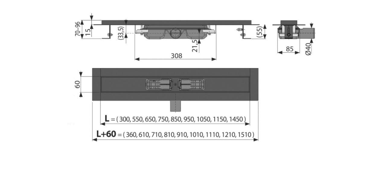  Alca APZ101BLACK-850 Podlahový žľab s okrajom pre perforovaný rošt, dĺžka 850 mm, čierna-mat AL-ZLAB NEREZ APZ101 BLACK-850mm znizeny,cierny