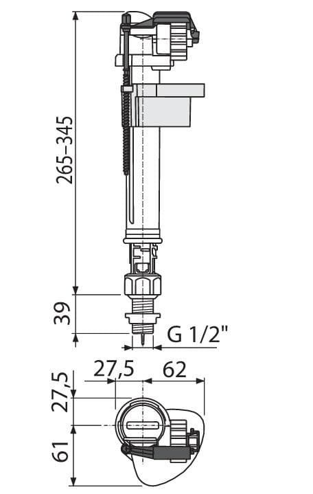  Alca Napúšťací ventil spodný, A17-1/2", pre WC nádržky, pripájací závit 1/2" AL-NAP.VENT. A17 1/2" spodny