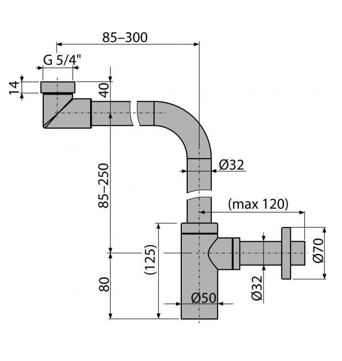  Alca Umývadlový sifón A403, DN32 DESIGN celokovový, priestorovo úsporný AL-POLSIFON UMY 32-5/4"KOV priestorovo uspor.