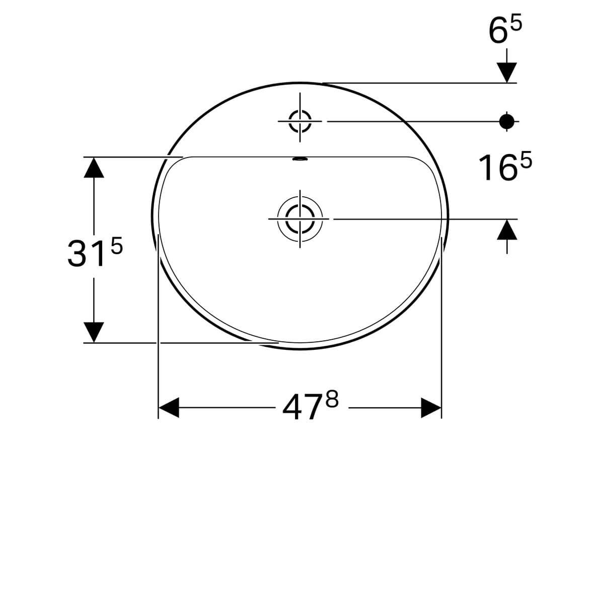  Geberit Zápustné umývadlo 50 x 45 cm oválne, s otvorom pre batériu, s prepadom, Geberit VariForm G VariForm umývadlo zápustné, oválne, 50 cm, s otvorom pre batériu, s prepadom