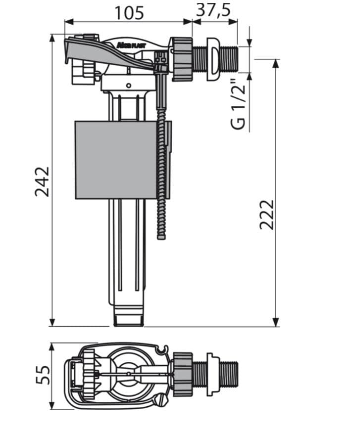  Alca Napúšťací ventil bočný A160-1/2" pre keramické nádržky, pripájací závit 1/2", kov nahrádza A16-1/2" AL-NAP.VENTIL A160-1/2" KOV NOVINKA nahradza A16-1/2"