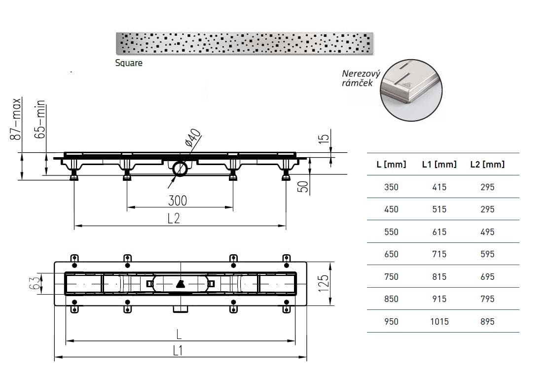  CHUDĚJ Kúpeľňový žľab plastový, nerez rámček, dĺžka 450 mm, bočný odtok D40, nerez mriežka SQUARE lesklá MCH-ZLAB NEREZ ram. 450mm / SQUARE LESKLY