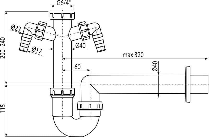  Alca Drezový sifón A82-DN40 polsifón trubkový s prevlečnou maticou 6/4" s dvomi prípojkami AL-POLSIFON DN40/6/4 s 2x pripojka