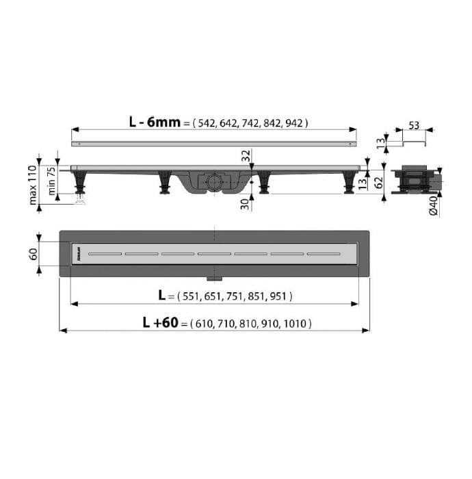  Alca APZ18-750M SIMPLE Podlahový žľab s nerezovým okrajom pre perforovaný rošt, dĺžka 750 mm, s roštom AL-ZLAB PLAST.+nerez ramik a ROŠT 750mm v blistri