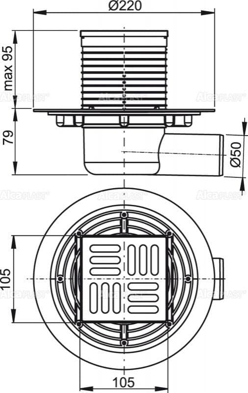  Alca APV101 Podlahová vpust 105×105/50 mm bočná, mriežka nerez, vodná zápachová uzávera AL-VPUST 105X105 D50 bocna MS DESIGN1 vodna