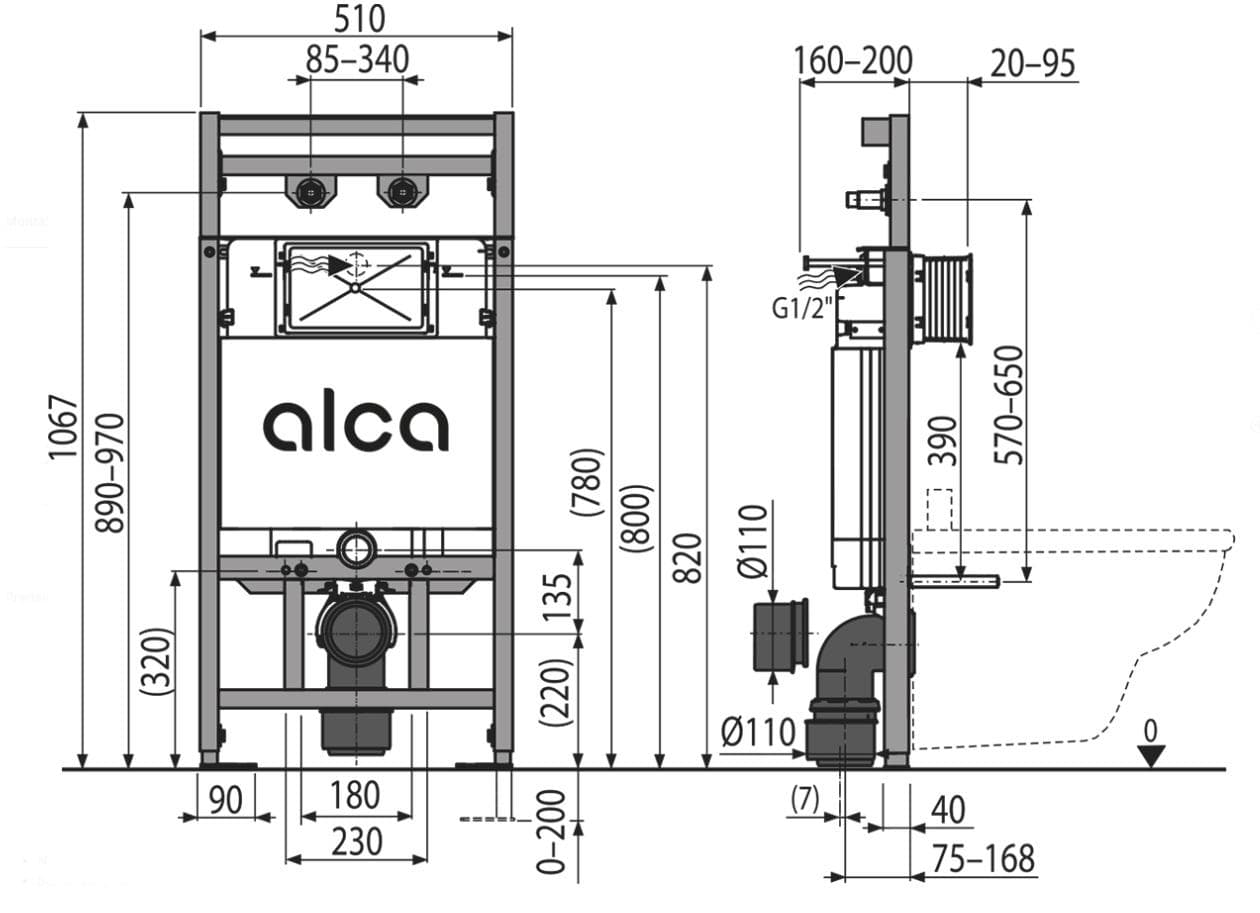  Alca Inštalačný prvok pre výlevku s odpadom DN90/110 a batériu A108F/1100, stavebná výška 1067 AL-INSTAL.VYLEVKA ZAVES.len mod+vyvod na bat