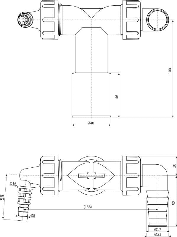  Alca Dvojitá hadicová prípojka P156Z DN40/32, 8–23 mm so spätnými klapkami AL-KOLIENKO DVOJ. s klap.G1"/8-23 so spat.klapkami DN40/32
