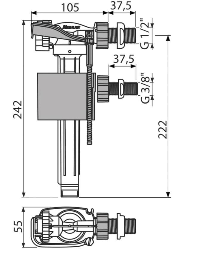  Alca Napúšťací ventil bočný univerzálny A160UNI, pre WC nádržky, pripájací závit 1/2" + 3/8", kov AL-NAP.VENTIL A160 UNI 1/2+3/8" KOV NOVINKA